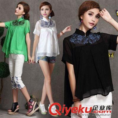 FA7065 民族風女裝 2014夏季新款繡花立領(lǐng)寬松短袖雪紡衫批發(fā)